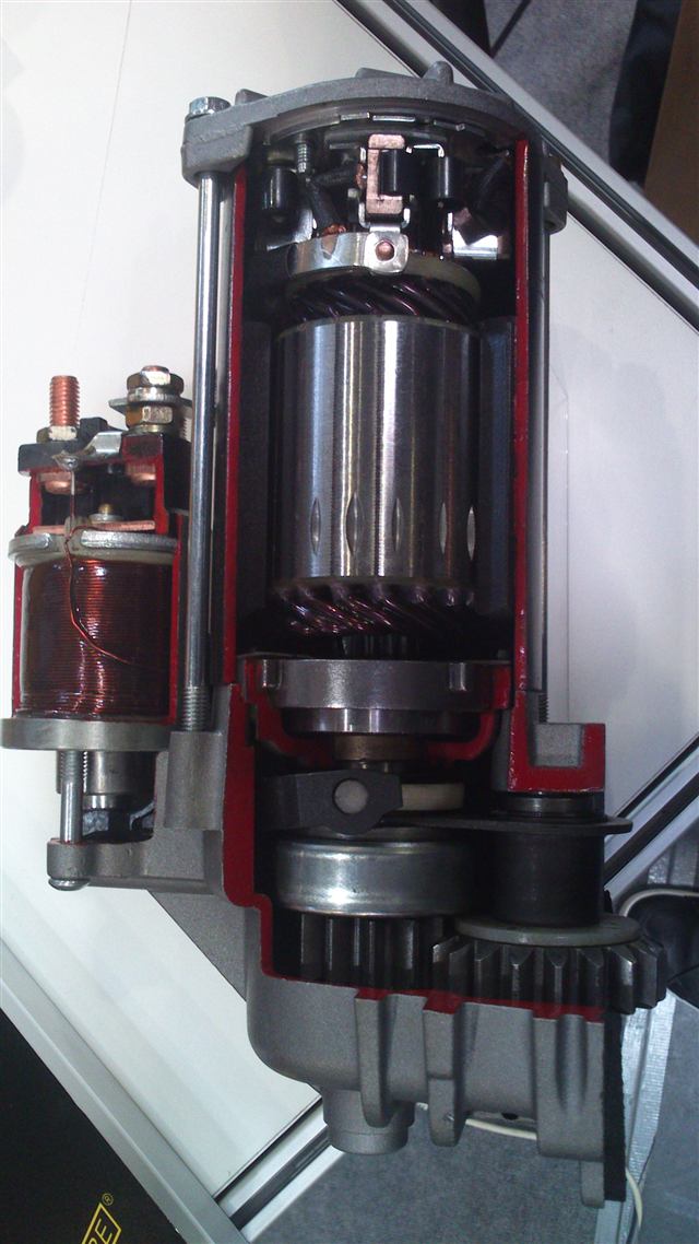 Przekrój rozrusznika – wirnik, bendix i automat